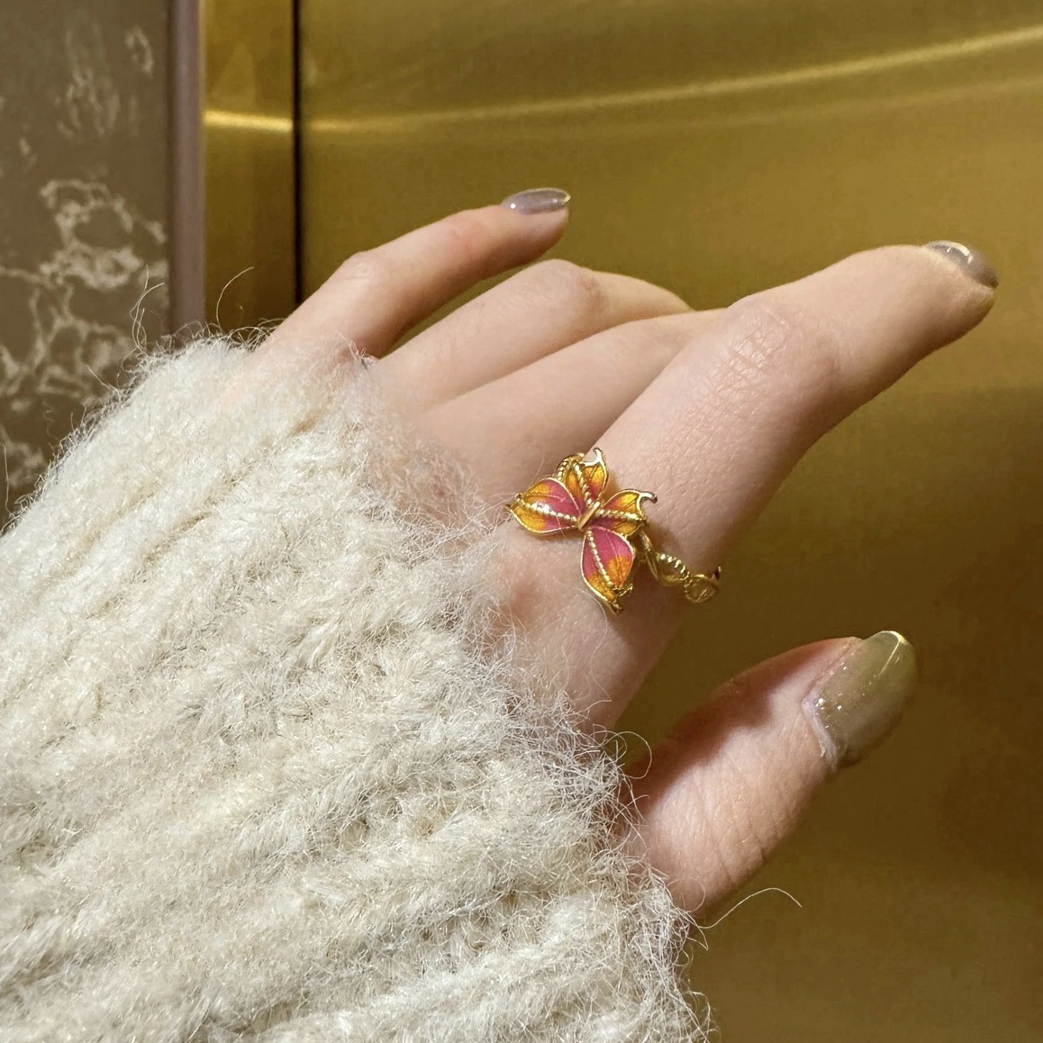  【矿金手工制作】矿合金古法幻彩蝴蝶戒指镂空花丝工艺开