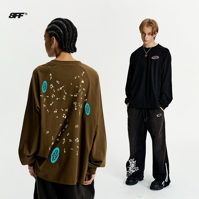 8FF/25AW “乐章”基础撞色音符印花宽松休闲情侣字母纯棉T恤