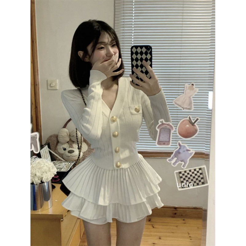 小香风千金名媛套装女针织开衫外套上衣秋季蓬蓬半身裙裙子两件套