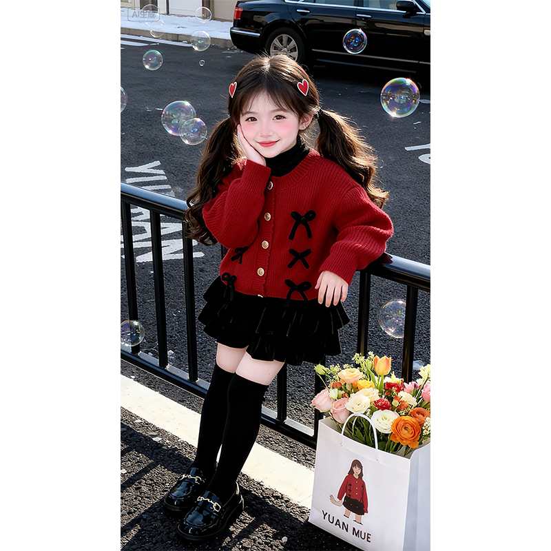 女童新年过年红色针织蝴蝶结毛衣开衫+丝绒半裙女宝洋气圣诞衣服
