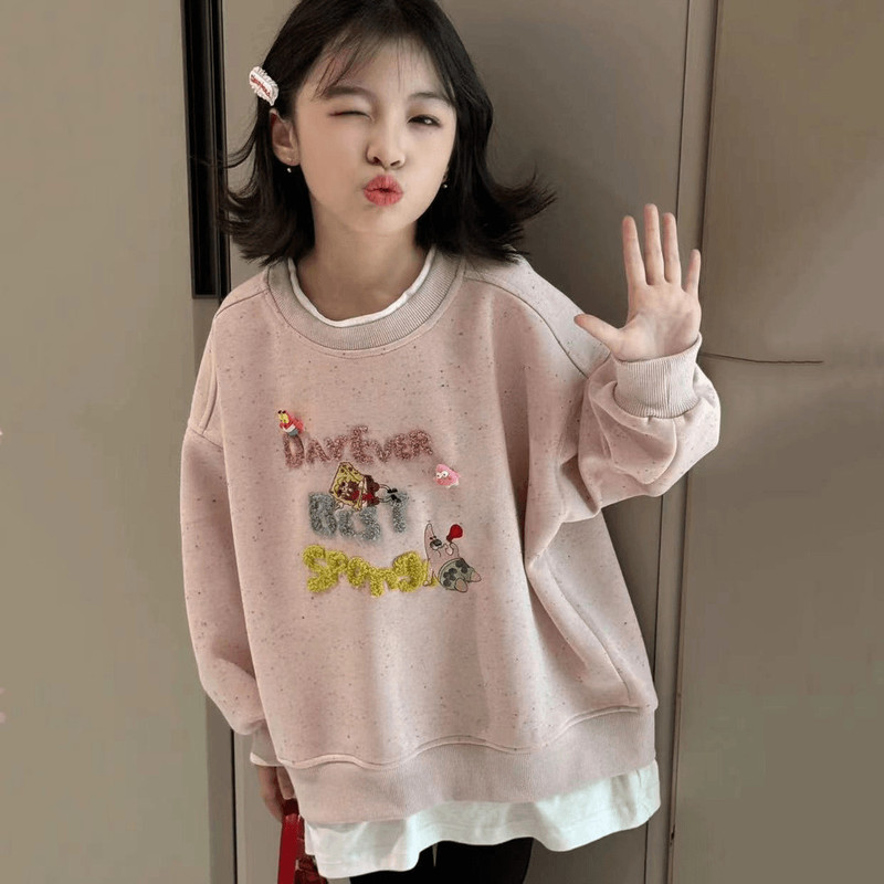 女童卫衣春秋季2025新款时尚洋气女孩春天卡通假两件秋装大童上衣