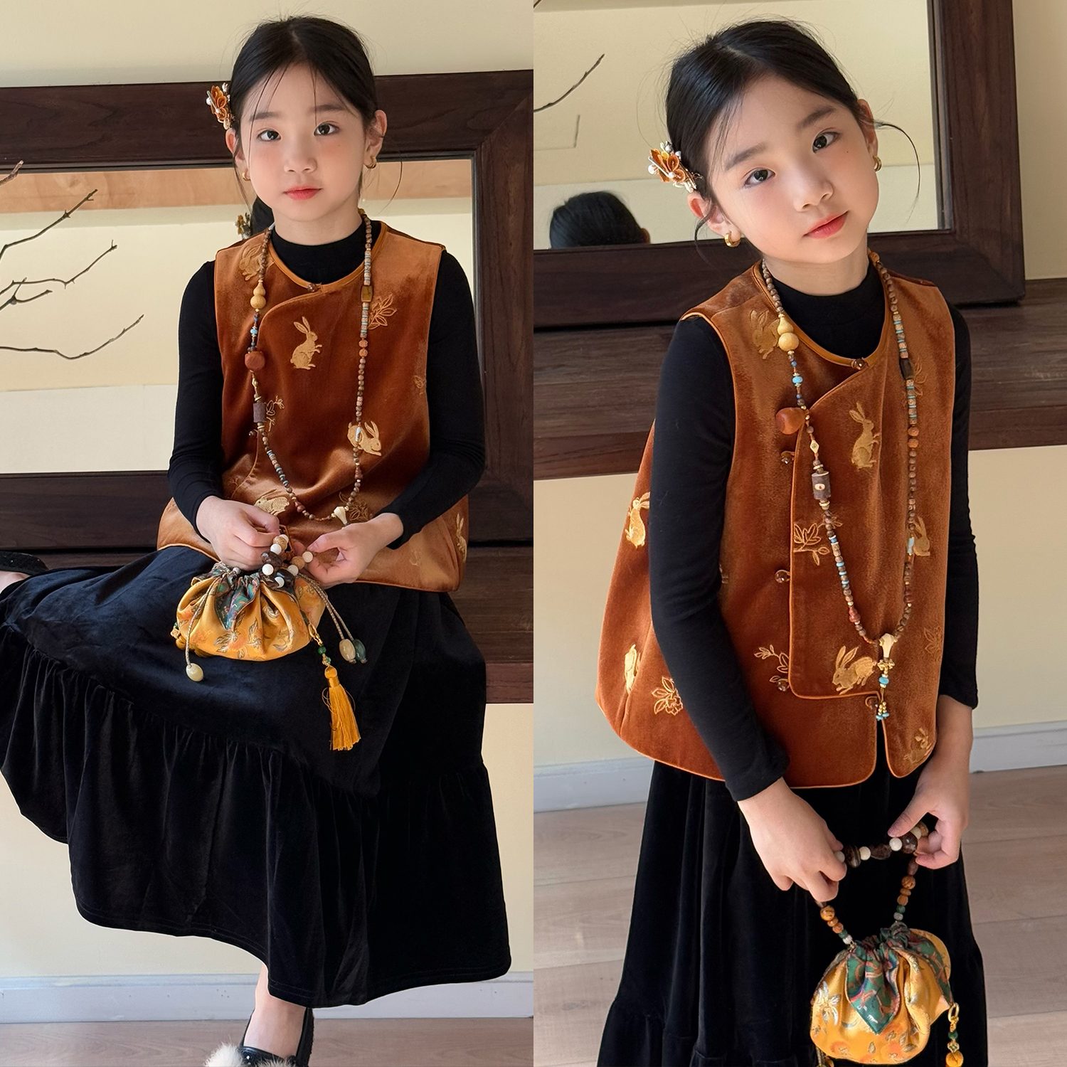 彩虹朵朵女童新中式国风马甲秋冬儿童丝绒兔子刺绣唐装母女装坎肩