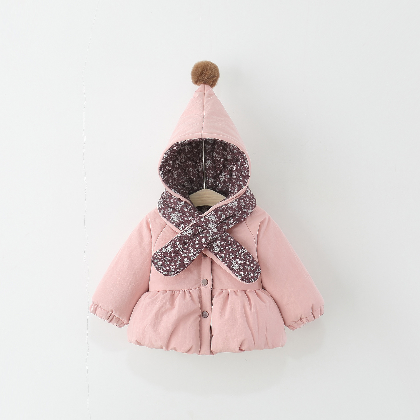 童装女童棉服冬季儿童碎花围脖连帽棉衣外套婴儿宝宝棉袄加绒加厚