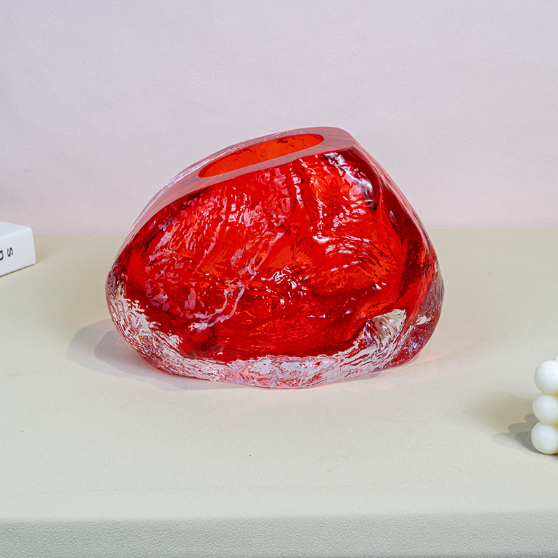 H938红色火山石创意琉璃花瓶轻奢艺术摆件可水培插花花器创意可爱