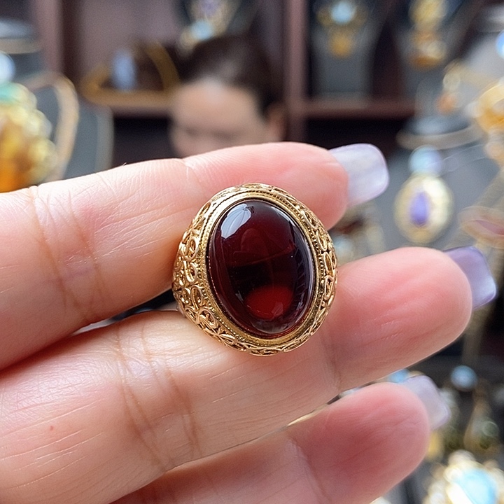 琥珀戒指银S925镶嵌戒指