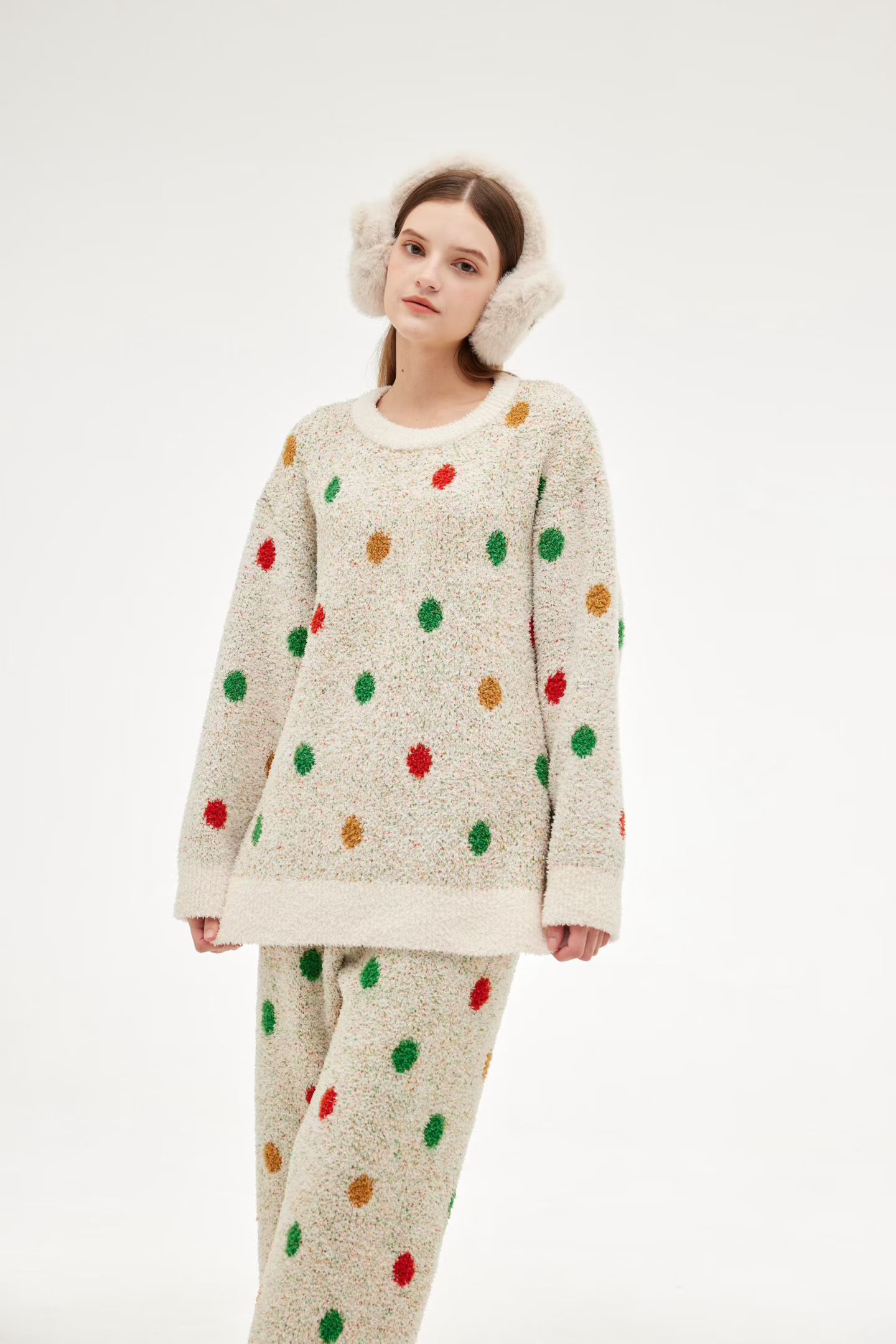 2025新款半边绒波点睡衣女冬季甜美加厚保暖家居服套装可外穿