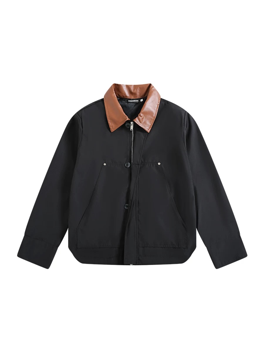 高级感韩系潮流撞色翻领拼皮夹克 男秋季宽松短款垫肩茄克外套潮