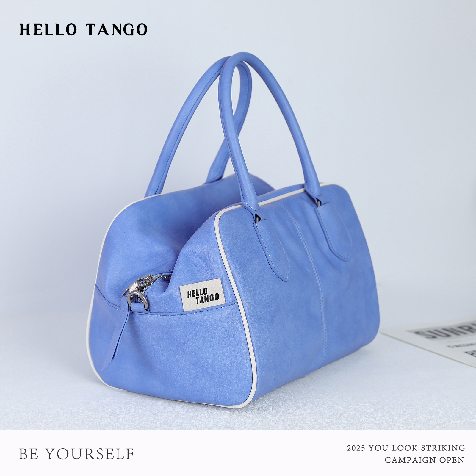 HELLOTANGO春夏新品蓝色百搭通勤保龄球包