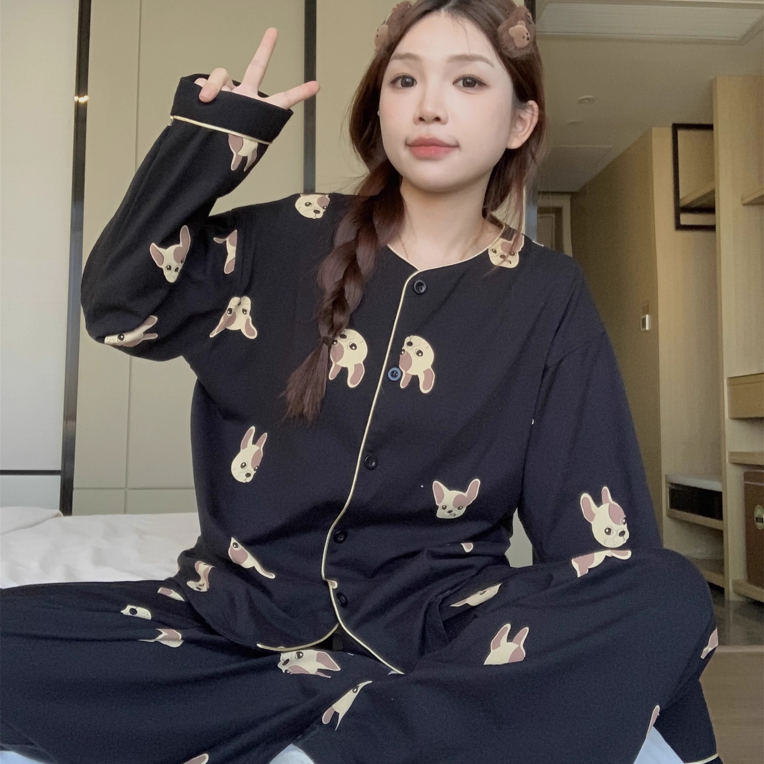 大码纯棉睡衣女款春季长袖圆领全棉家居服2025年网红款可外穿套装