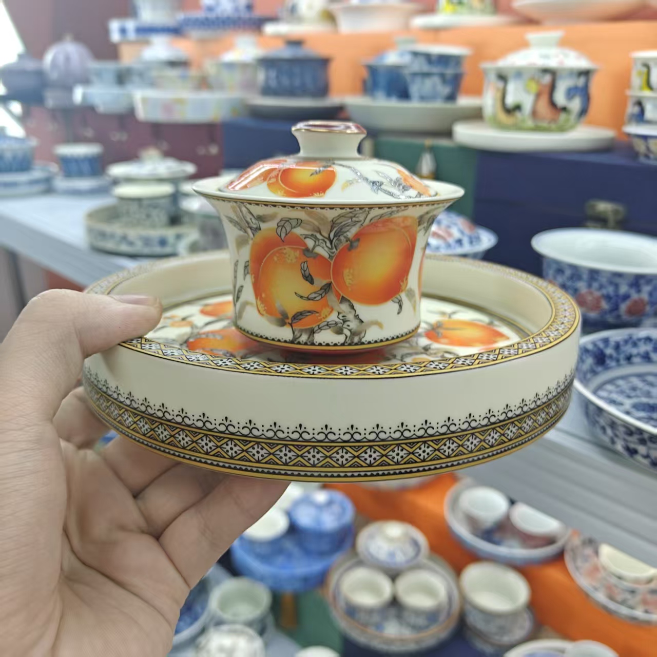 半岭窑九桃五福悬停旋转三才盖碗功夫茶具整套送礼家用茶碗0958