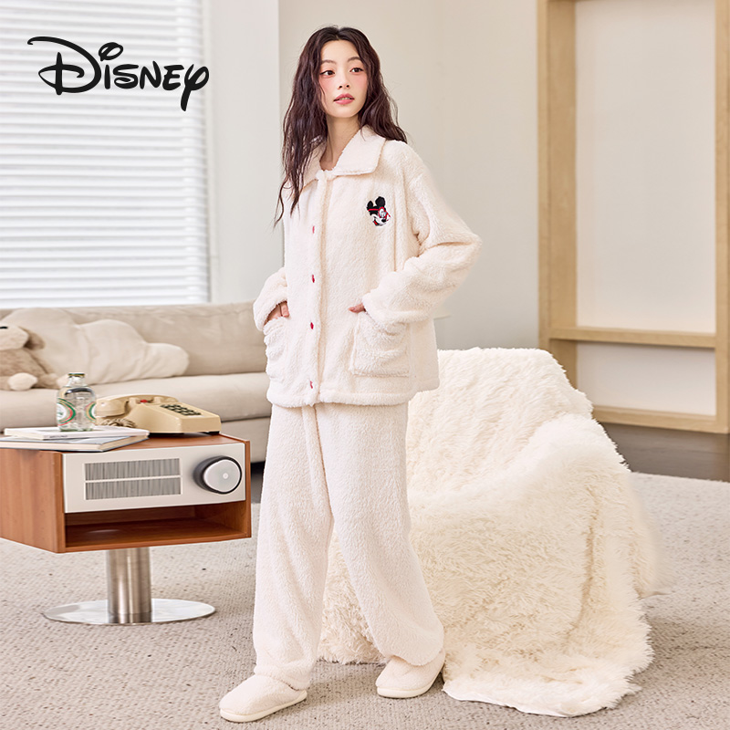 Disney/迪士尼秋冬换季新款保暖翻领加绒加厚防寒睡衣家居服套装