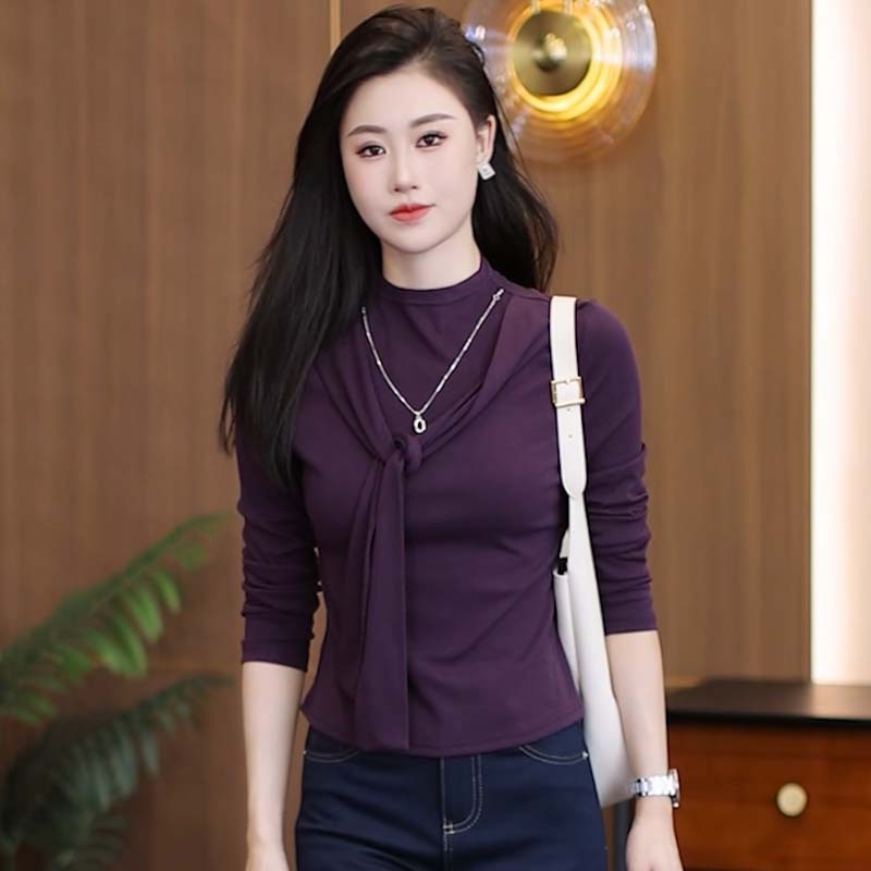 领带披巾上衣女2025新款气质百搭打底衫女早秋洋气上衣长袖T恤