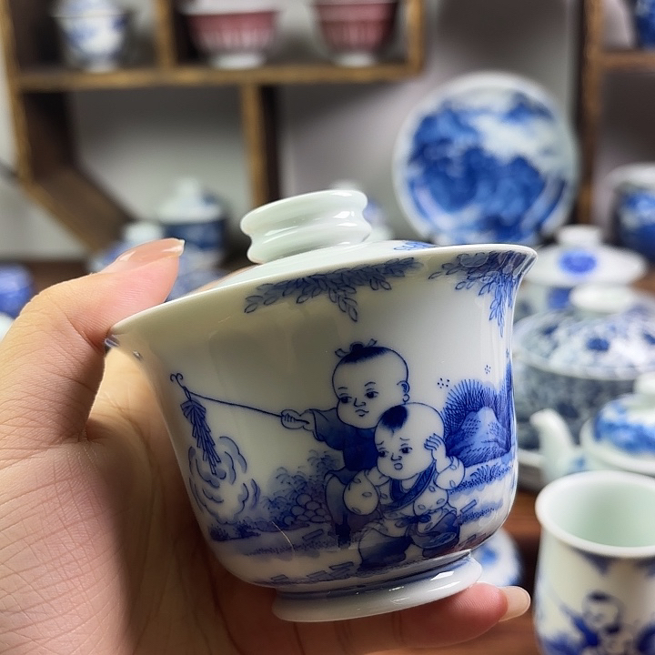 【见燃柴窑】景德镇手绘柴窑青花婴戏图欢天喜地盖碗140cc