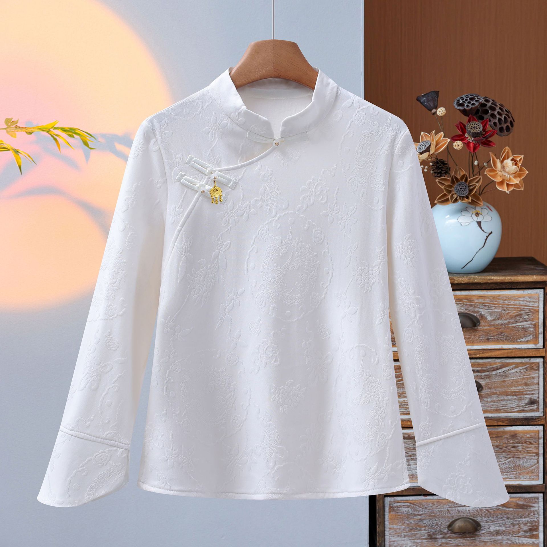 【锦锁】新款时尚减龄气质国风复古斜襟盘扣体恤衫打底衣中式提花