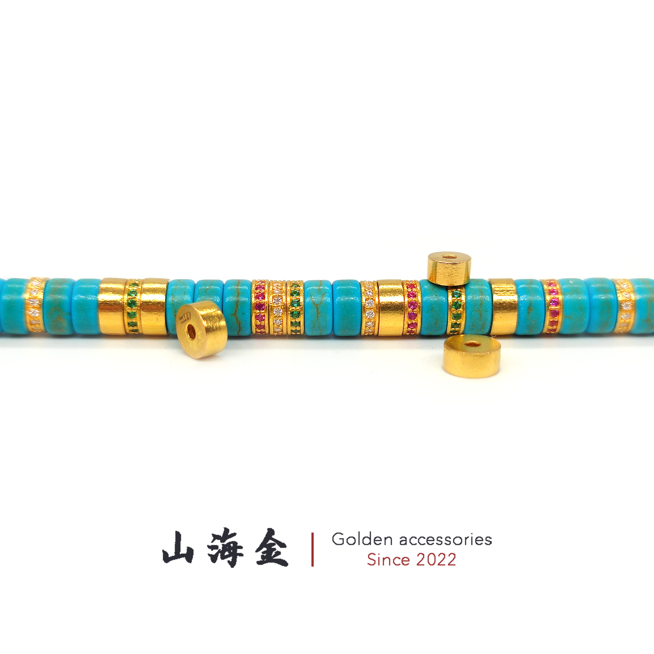 山海金 24K纯黄金足金加厚直切隔片直切珠墩子文玩手串绿松金配饰