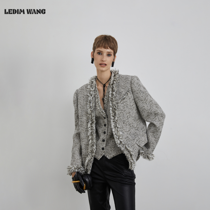 LEDIM WANG黑标/高智拉毛编织感粗呢西装外套女25冬新款宽松西服