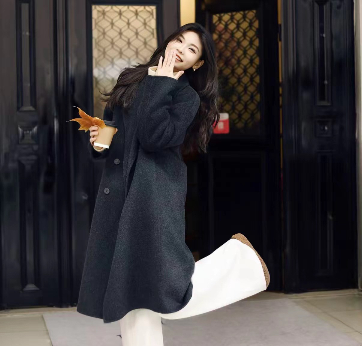 2017长款炭黑色双面呢大衣女秋冬季高级感网红