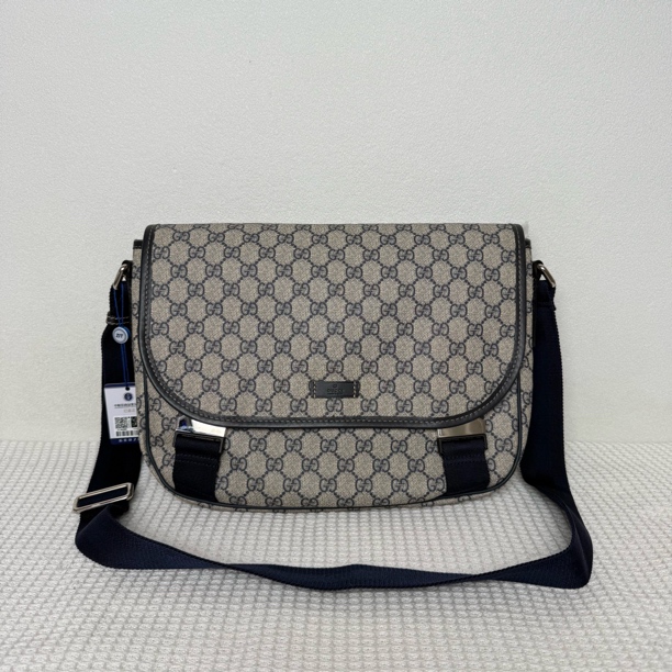 99新 GUCCI/古驰 97新/5968男士时尚经典蓝老花双扣邮差包