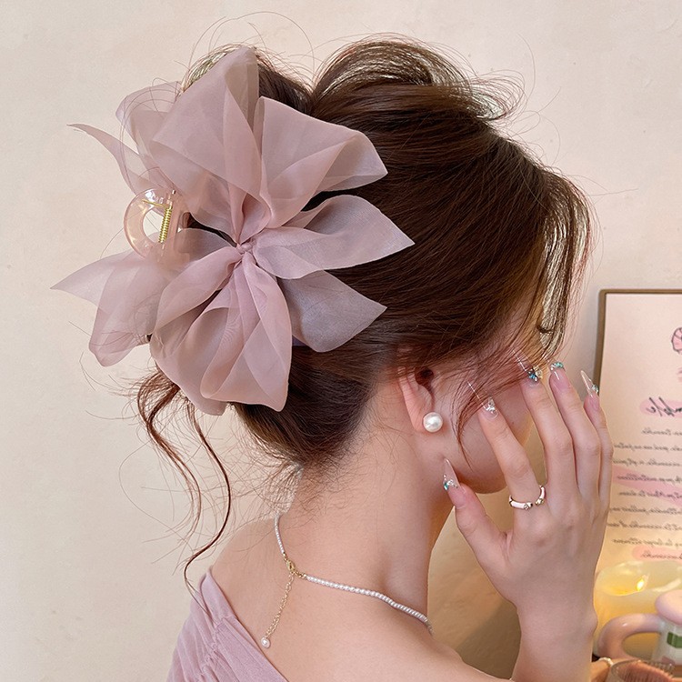 2025年新款网纱蝴蝶结抓夹女高级感后脑勺鲨鱼夹发饰甜美气质发夹
