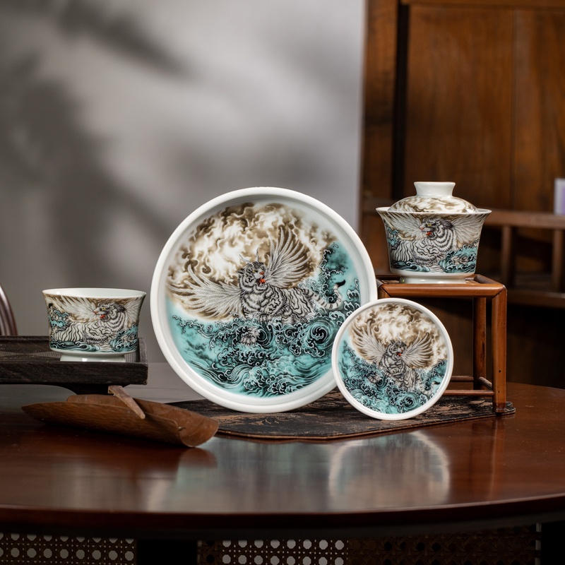 景德镇陶瓷粉彩瓷如虎三才添翼套装整套茶具中式瑞兽功夫茶具套装