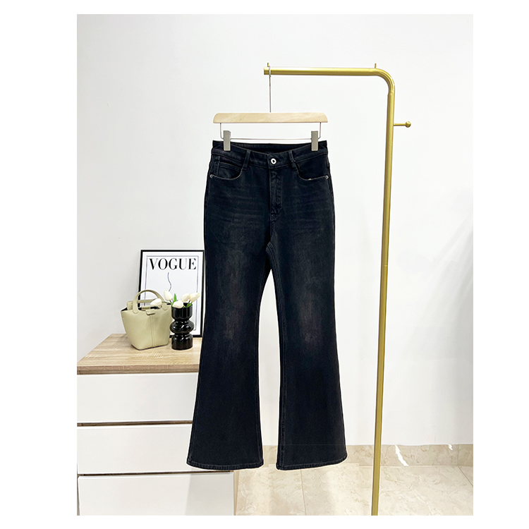 小个子加绒微喇叭牛仔裤女修身显瘦简约弹力九分裤黑色通勤日常冬