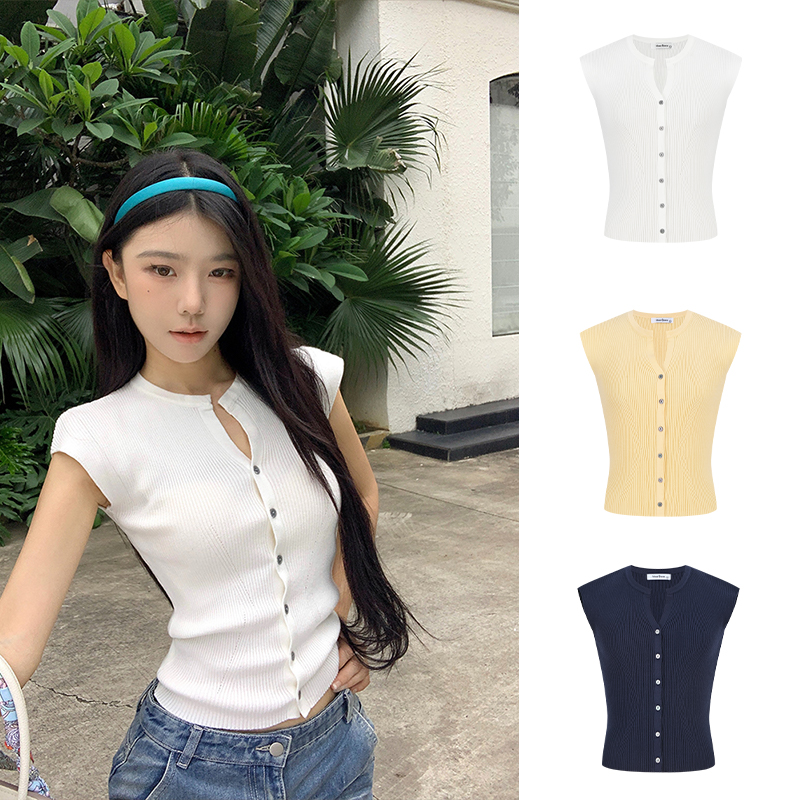 【运补8米】MosesQueen/魔西女王单排扣设计短袖针织衫薄款透气上衣