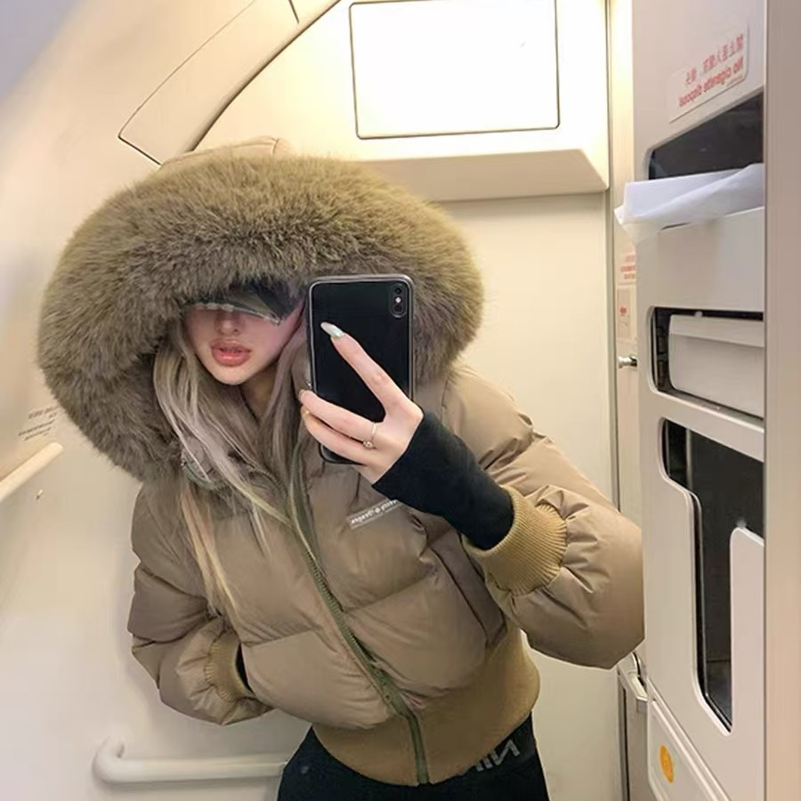 2025美式大毛领高腰棉衣女短款棉服可拆卸帽