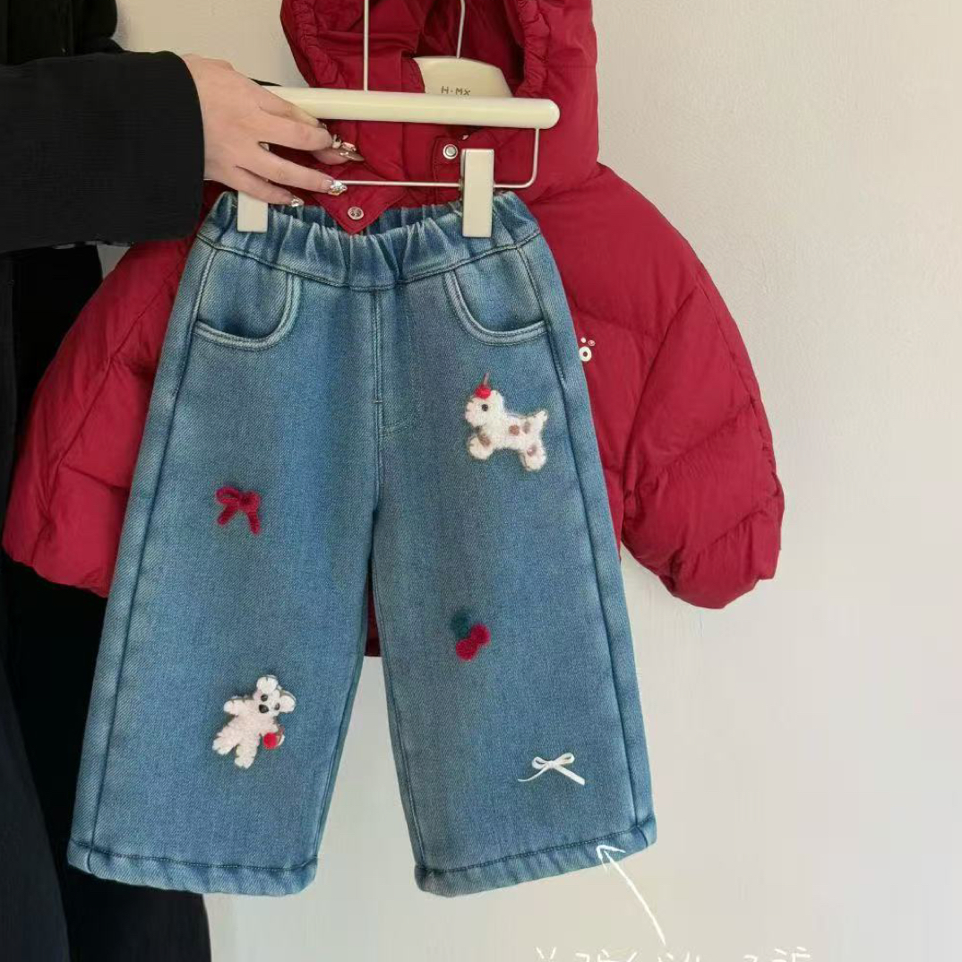 菠菜豆·2025秋冬～小马刺绣85108直筒羊驼绒牛仔裤女童