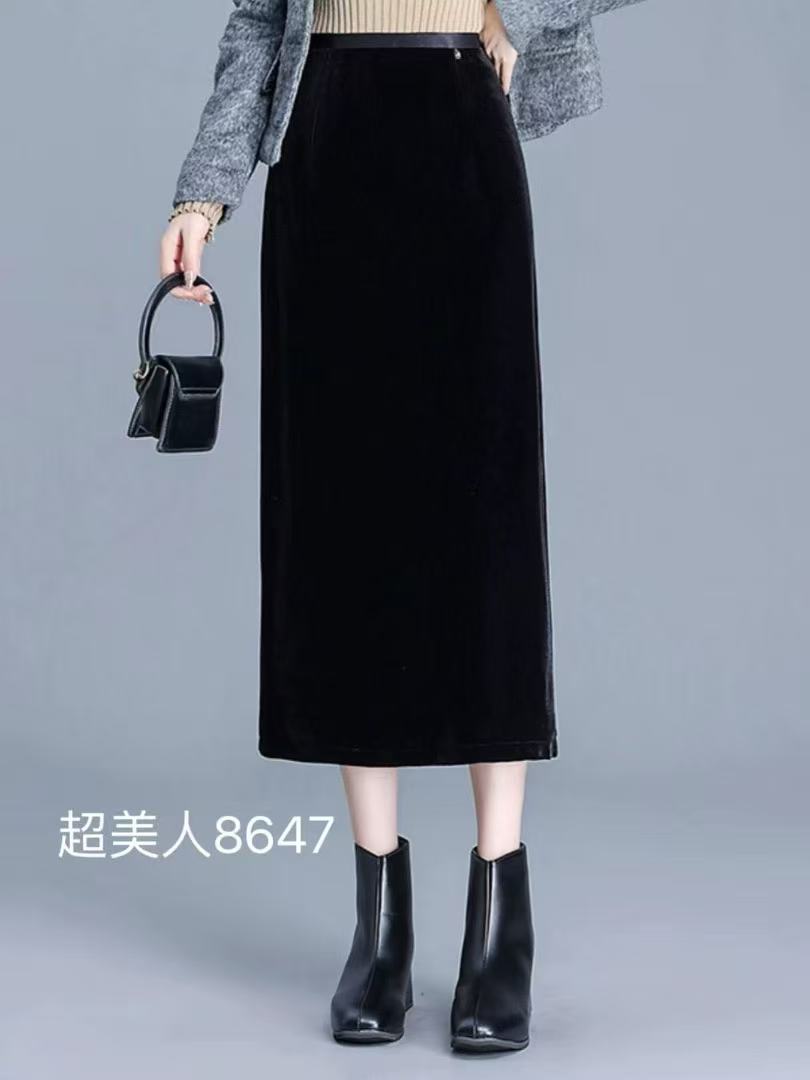 半身丝绒裙高腰8647