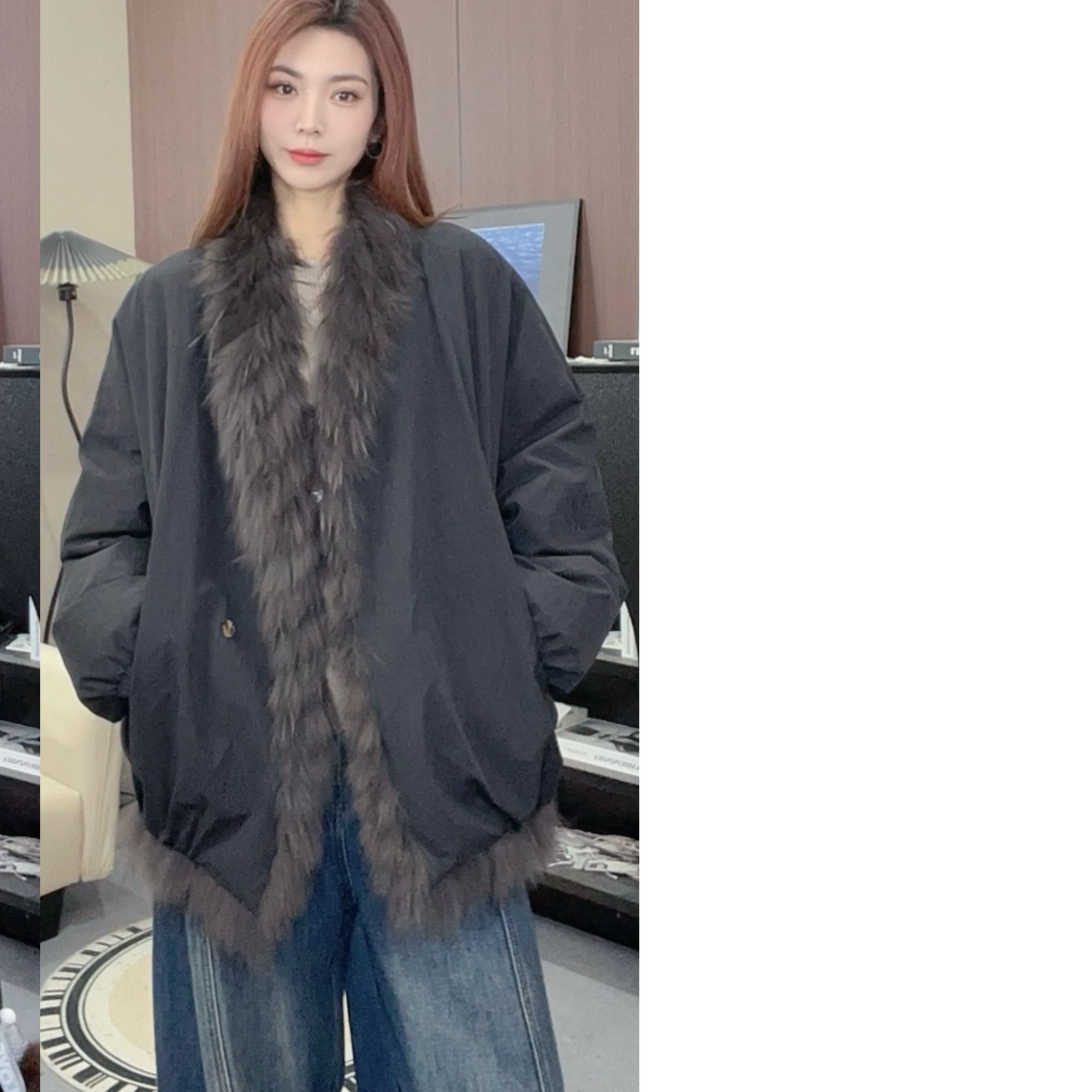 毛毛双面穿派克服女冬季新款宽松保暖气质外套上衣女