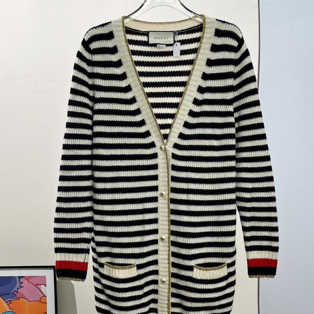 99新 GUCCI/古驰 黑白条纹针织开衫/M码/E00593