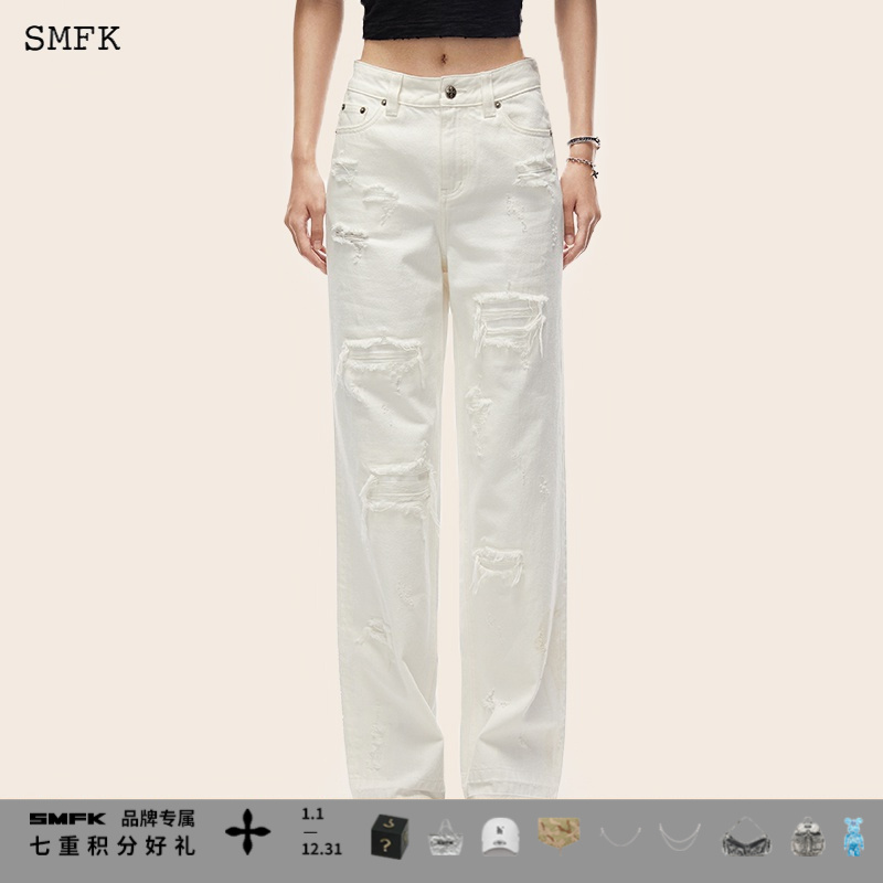 SMFKDancer舞团流浪阔腿牛仔裤UJ003W(Bossa面料)宽松直筒白牛仔