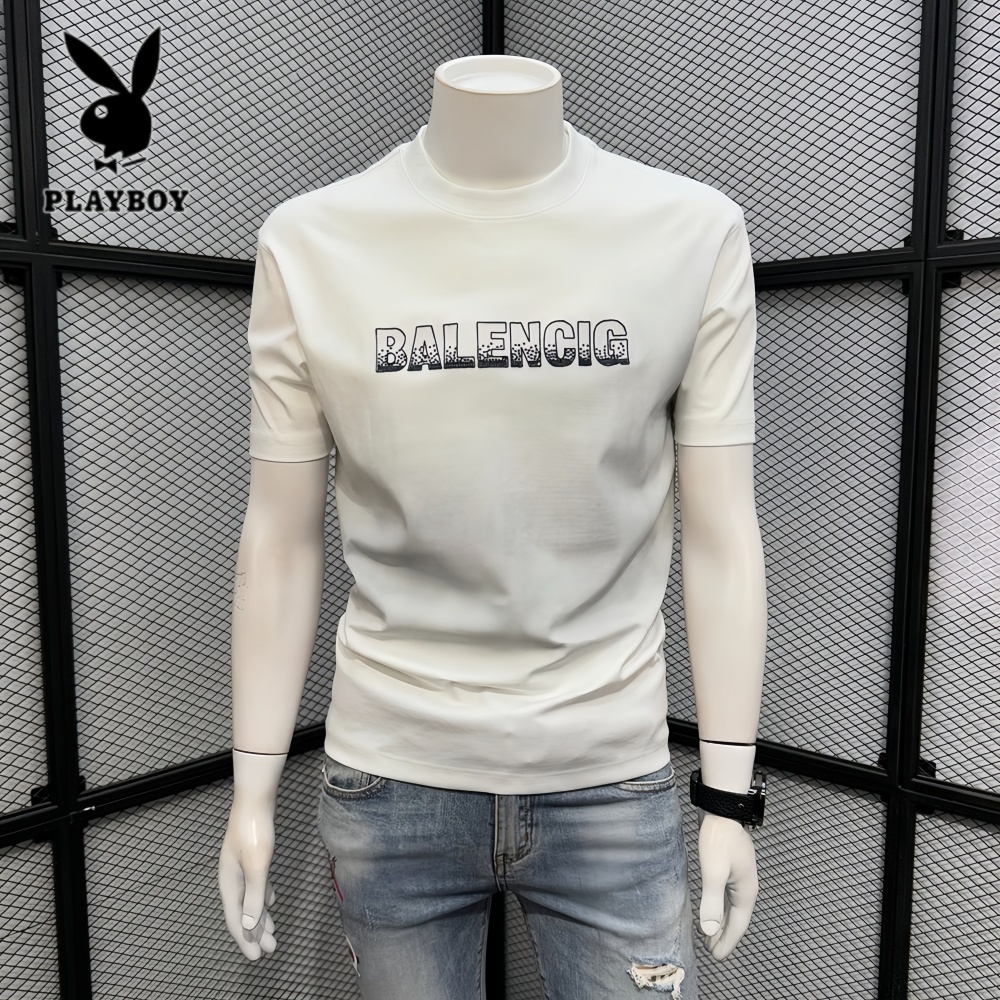PLAYBOY/花花公子夏季男士潮流休闲圆领时尚潮牌青年修身短袖t恤