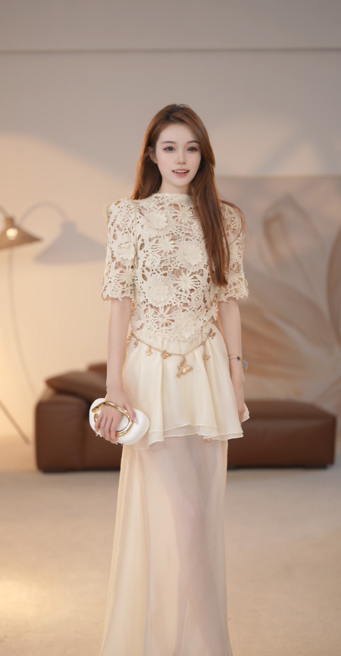 【王芯柔】艺术感蕾丝飘逸短袖套装裙越南小众设计YA25352