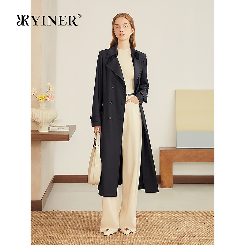 YINER音儿2025秋季新款美利奴羊毛混纺毛锦双弹花呢长款风衣外套
