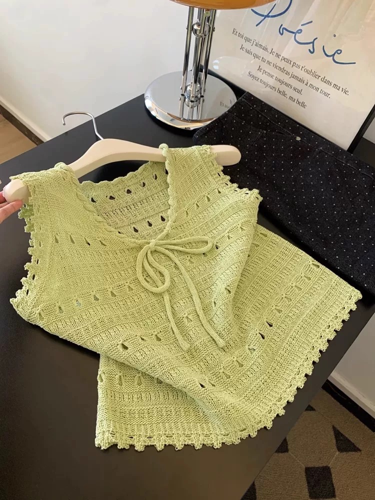 薄荷曼波绿色镂空坎肩工字针织背心女夏新款设计感多巴胺无袖上衣