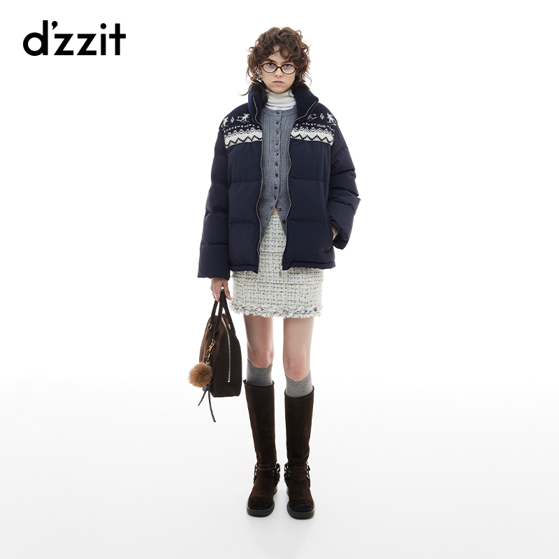 【陈嘉尔专属】dzzit地素羽绒服冬季费尔岛针织拼接立领外套女3I4K2