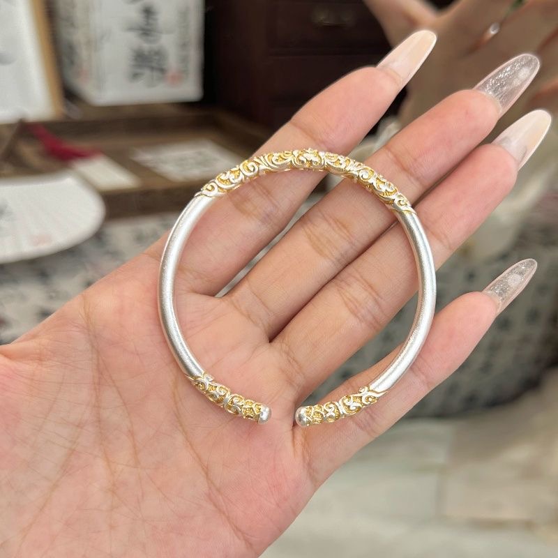足银手镯 足银卷草纹复古手镯民族风女款实心国风开口手镯