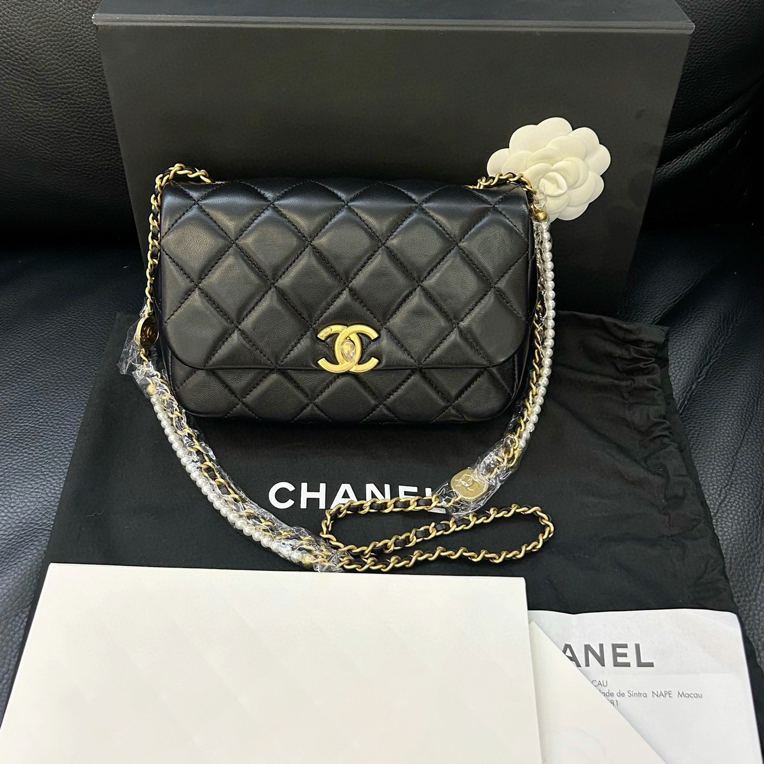 未使用 Chanel/香奈儿 黑金羊皮方胖子珍珠金币链条包
