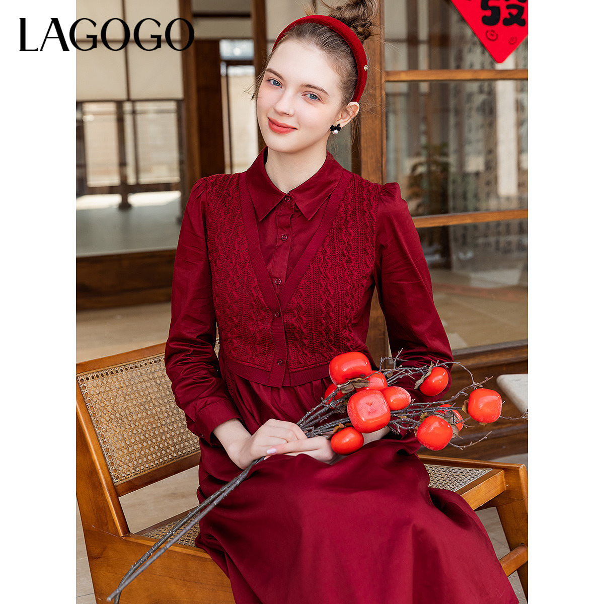 lagogo拉谷谷年新款假两件设计高腰显瘦连衣裙女MCLL459Q51
