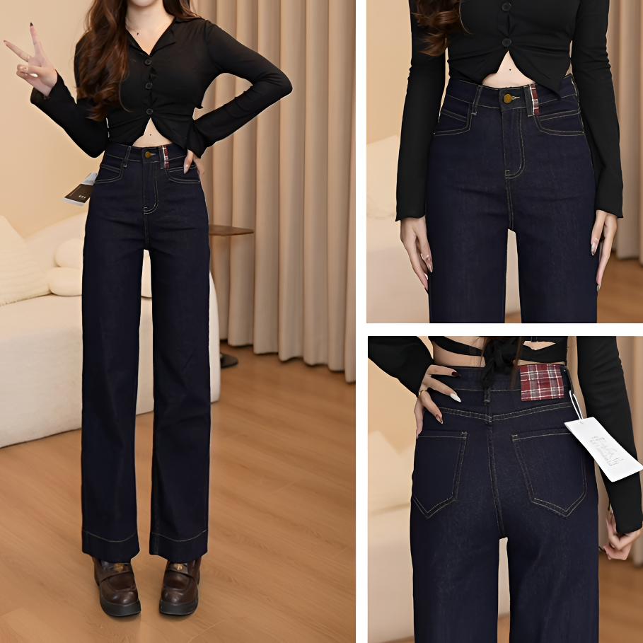 丹宁风蓝黑色显瘦秋季中高腰弹力休闲风极简水洗牛仔直筒裤9237