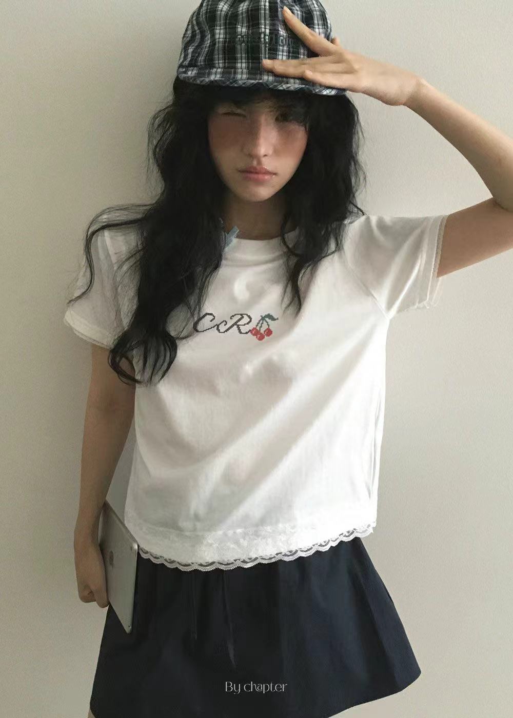 【NO退NO换】韩国东大门2025夏款小樱桃下摆蕾丝边短袖