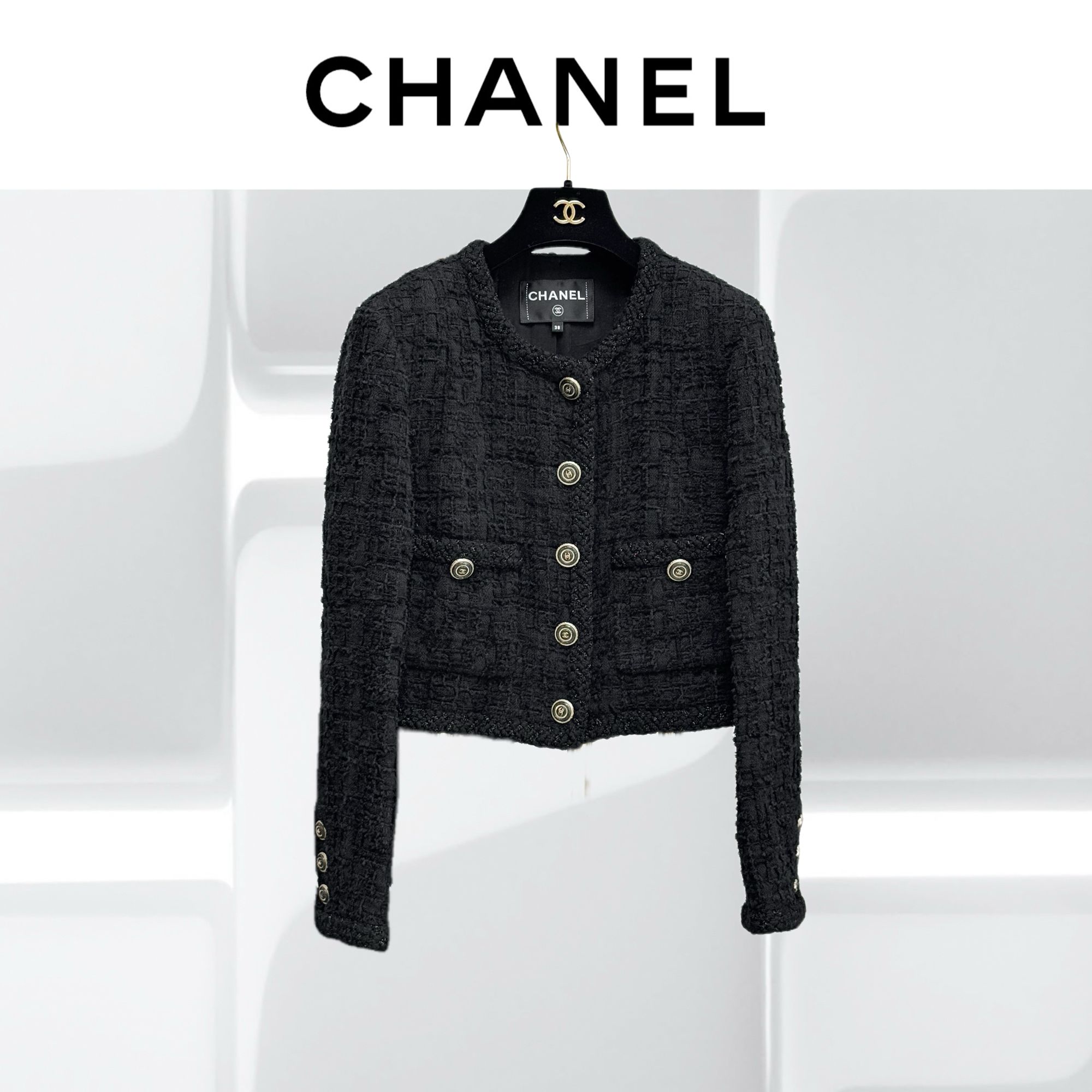99新 Chanel/香奈儿 38码20B爆款黑色编织圆领外套