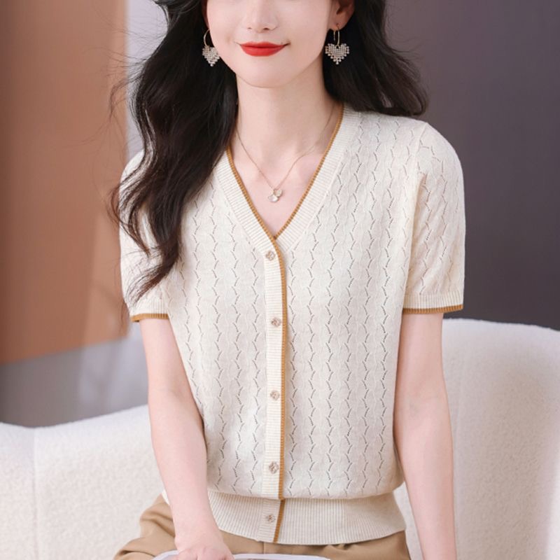 夏季新款短袖T恤提花镂空洋气宽松薄款百搭上衣