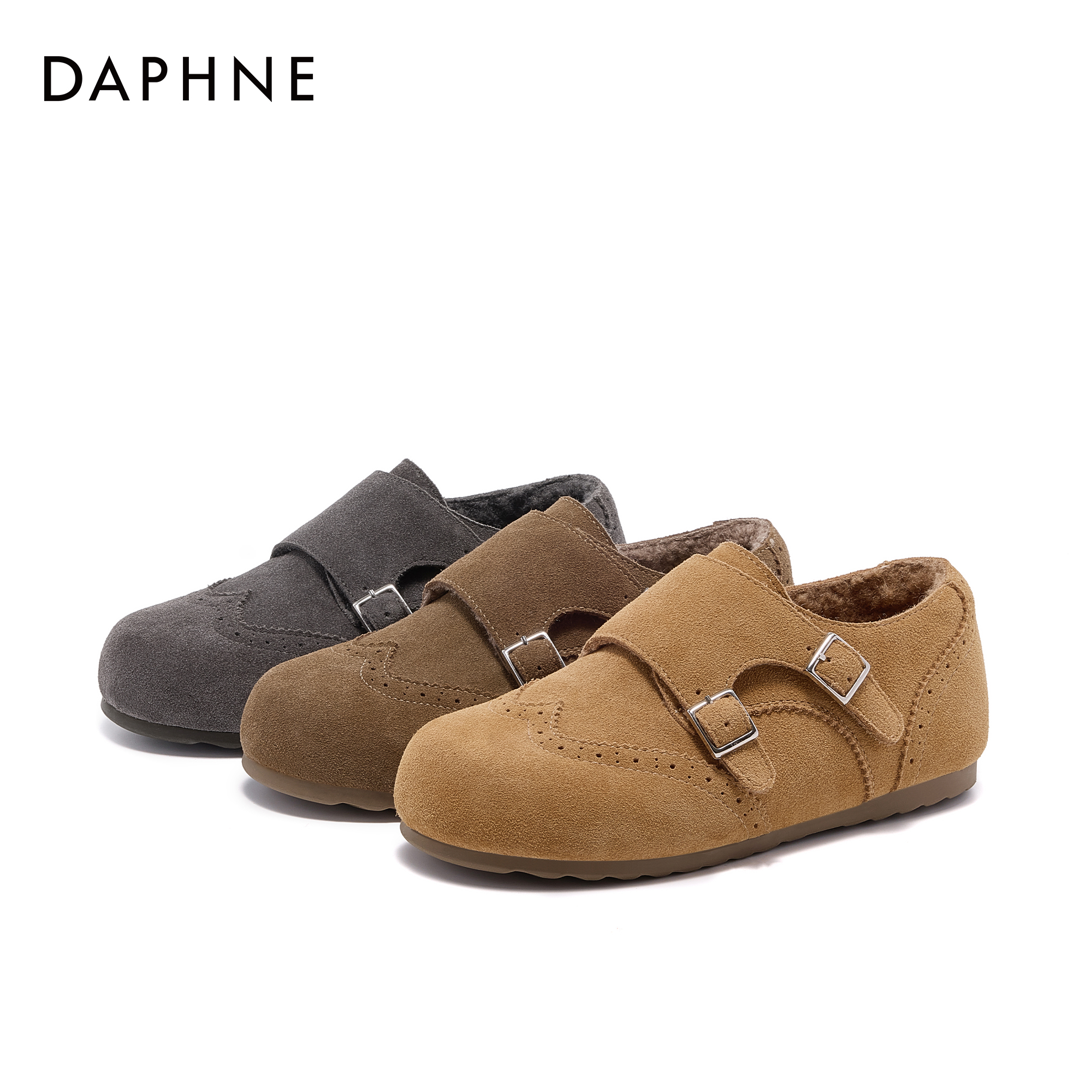 【宋茜代言】达芙妮双扣加绒布洛克纹保暖休闲鞋复古舒适百搭棉鞋