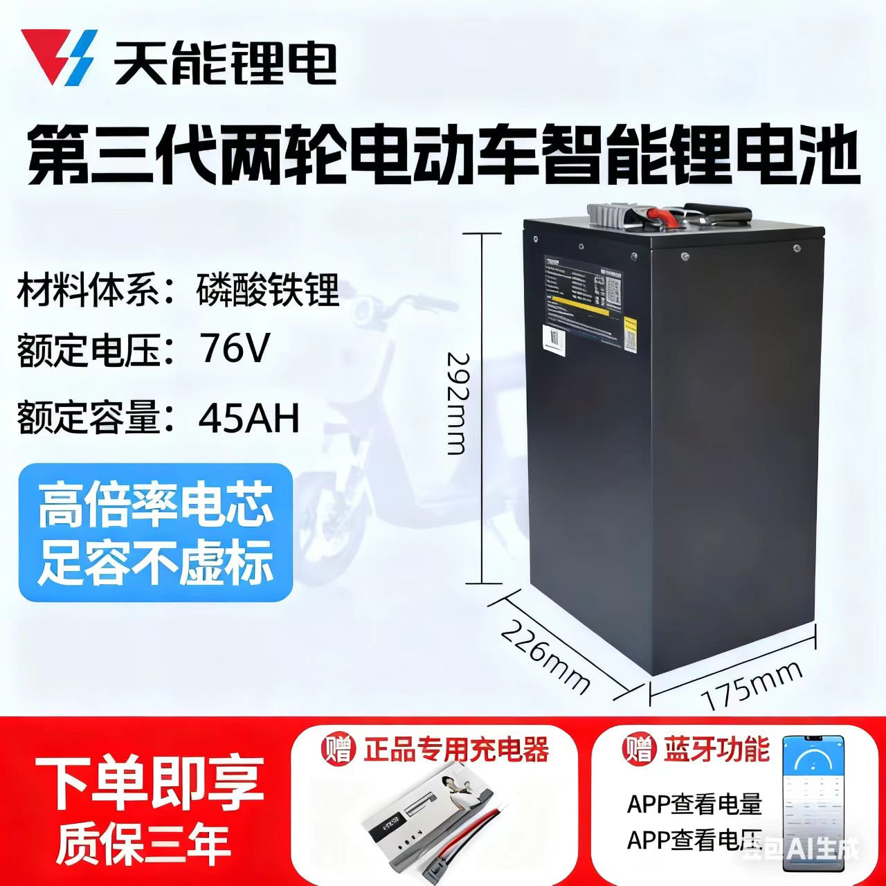 天能正品锂电磷酸铁锂76V45AH外卖二轮三轮电动车电瓶带蓝牙APP