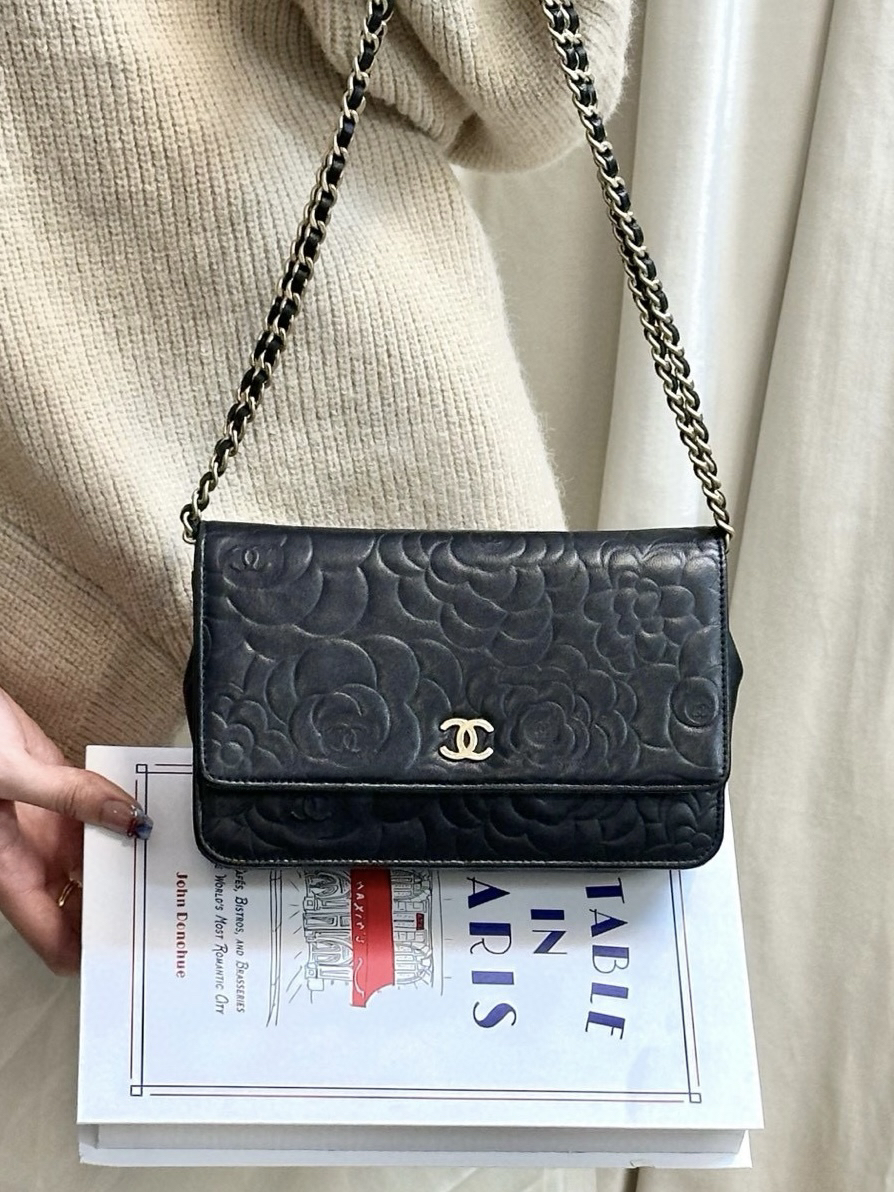 95新 Chanel/香奈儿 chanel 山茶花黑银发财woc斜挎包