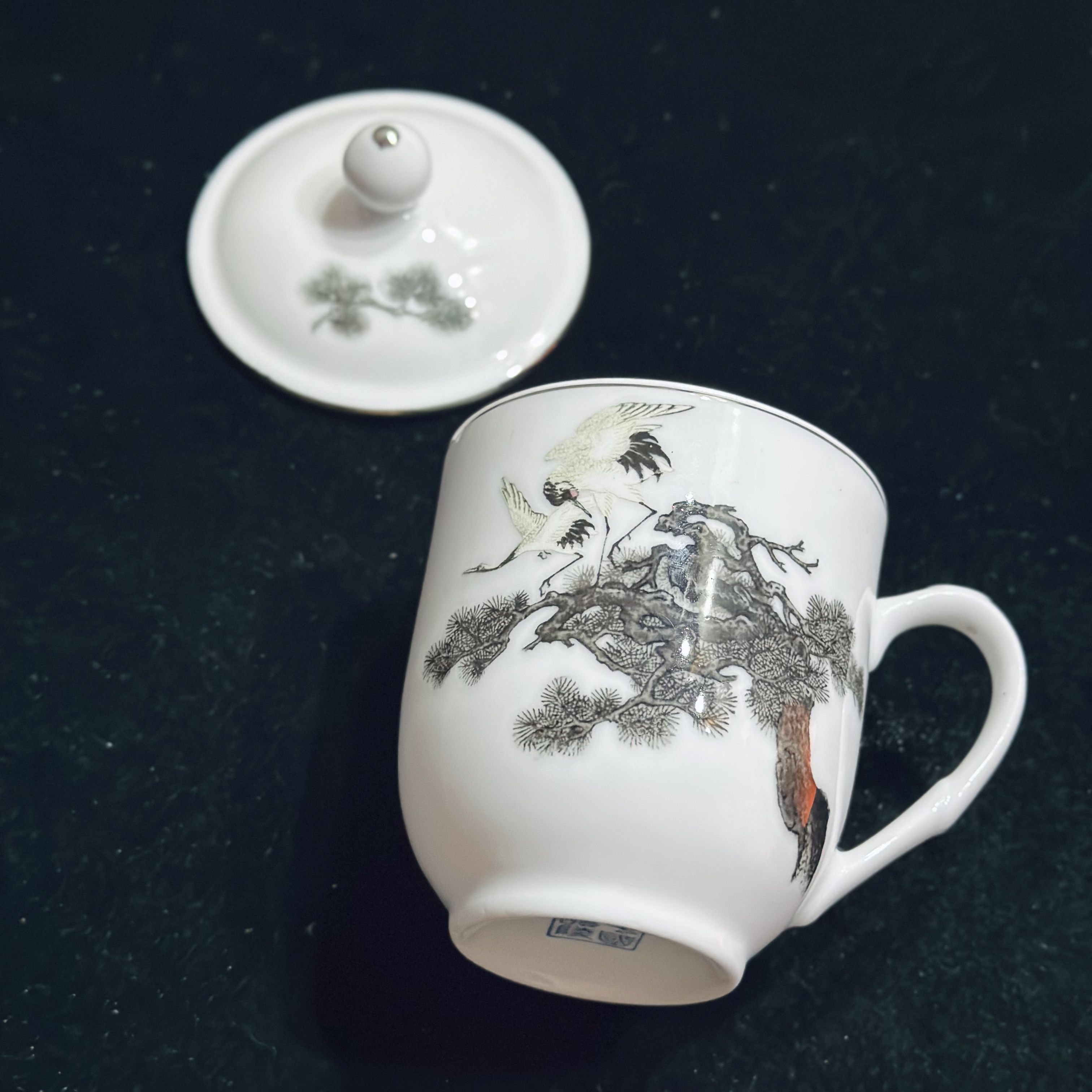 醴陵群力釉下五彩大球泥松鹤薄胎扣烧胜利杯茶杯微瑕福利价