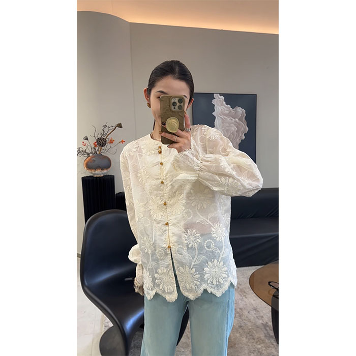 ZX6123国风高端刺绣喇叭袖衬衫春季女2025年新款女衬衣新中式上