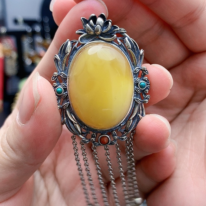 琥珀裸石银S925镶嵌坠